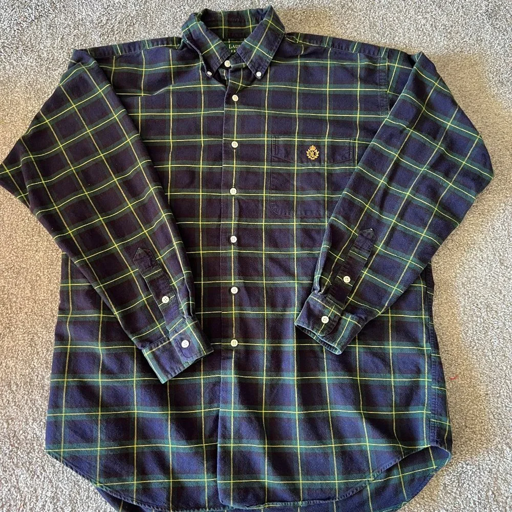 vintage Lauren Ralph Lauren shirt womens L blue green plaid button down‎ crest - Picture 2 of 10